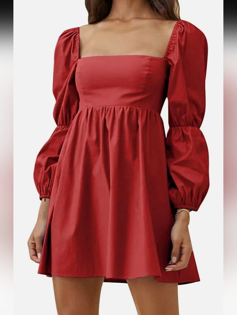 EXLURA Womens Square Neck Dress Long Puff Sleeve A-Line Casual Short Mini Dress